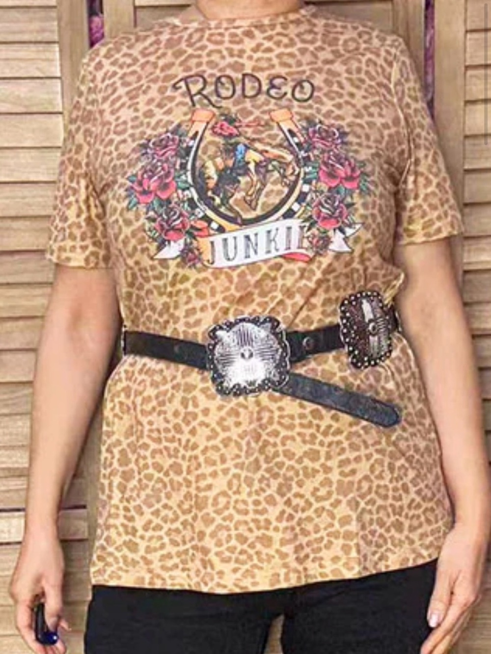Rodeo Junkie Leopard Print Short Sleeve Tee - Tan